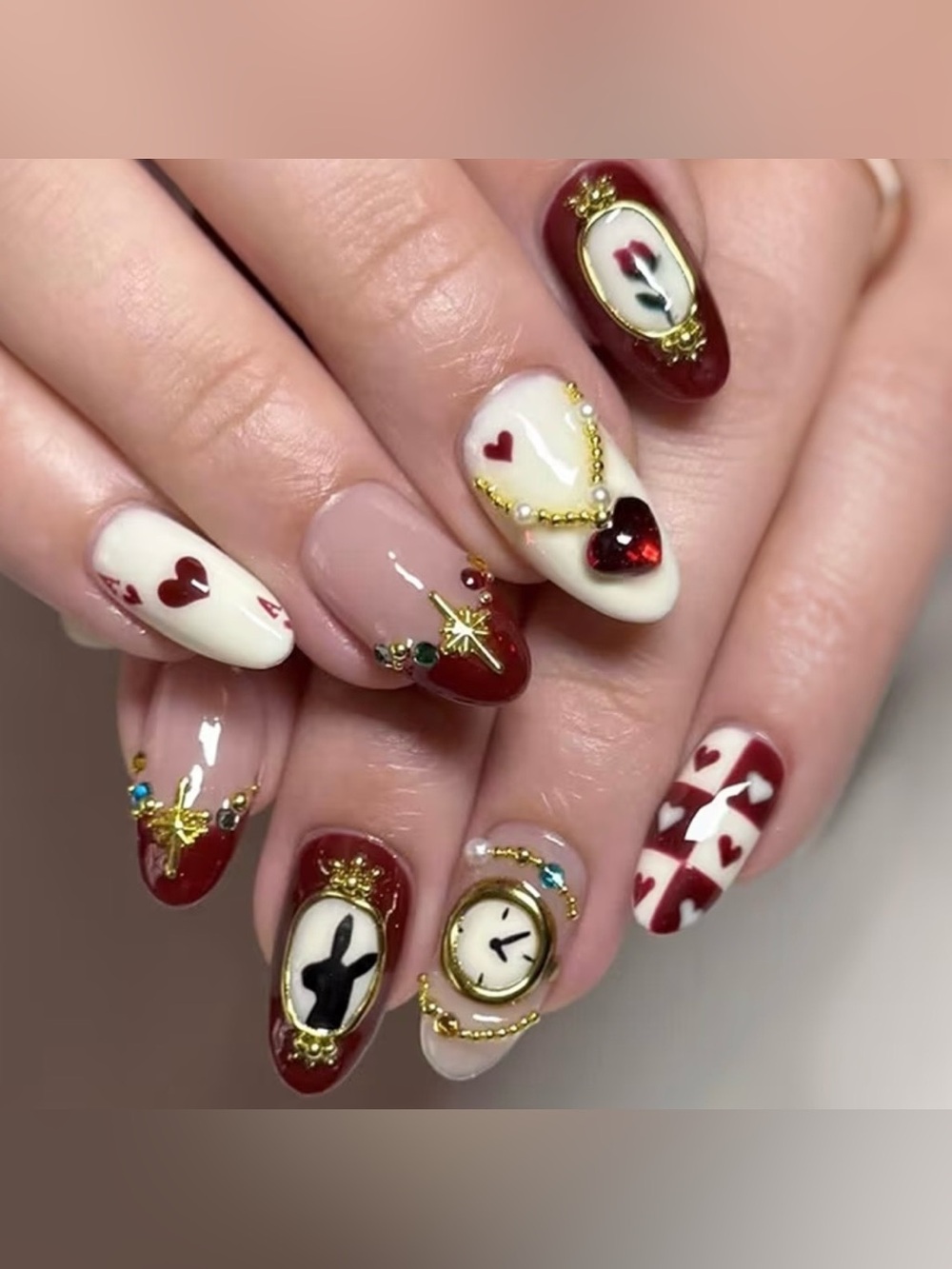 🕰️ 30 Pcs Wonderland Rabbit Clock 3D Gems Medium Length Almond Press on Nails
